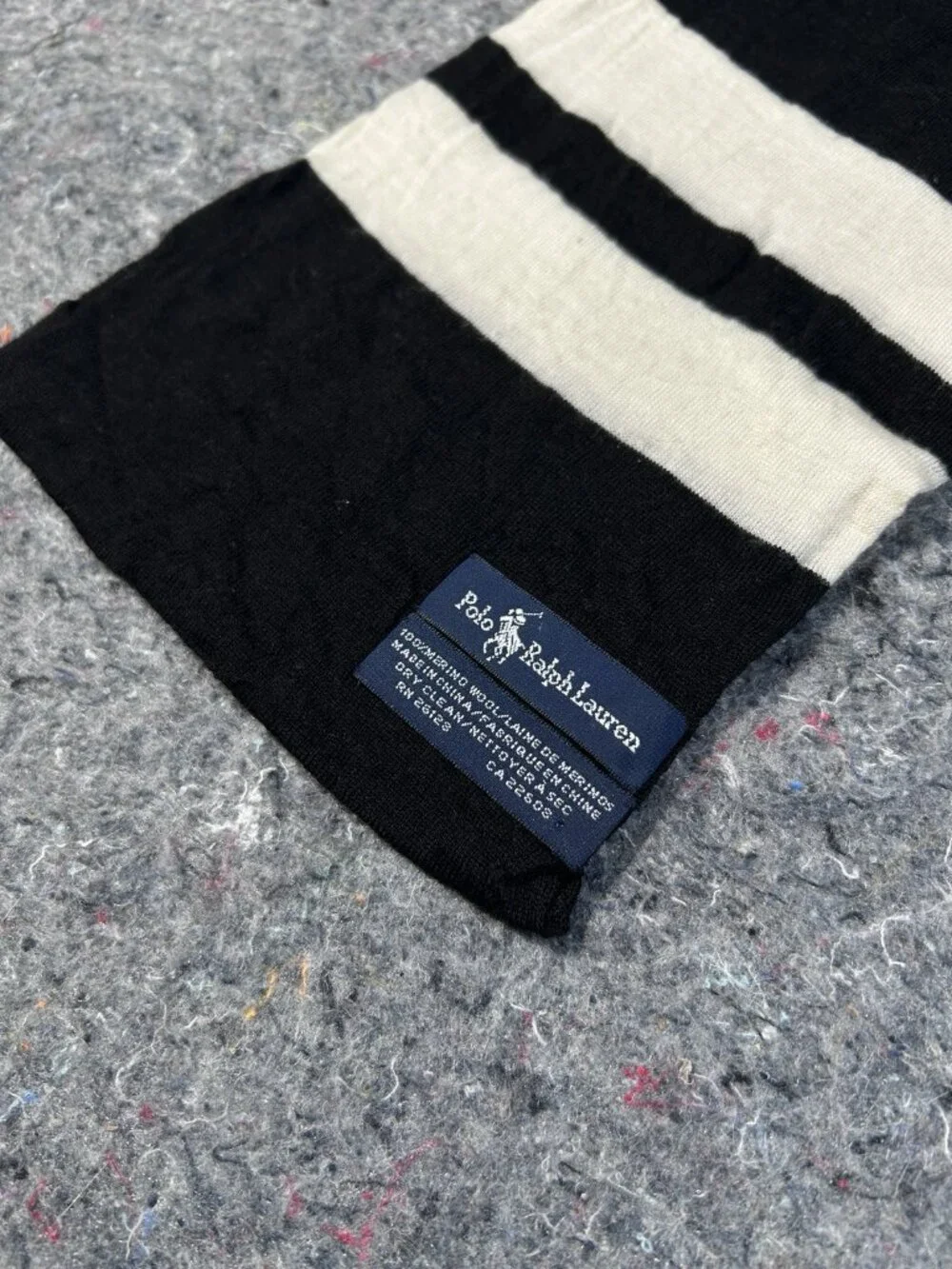 Polo Ralph Lauren 100% Merino Wool Striped Scarf Black Cream Embroidered Pony